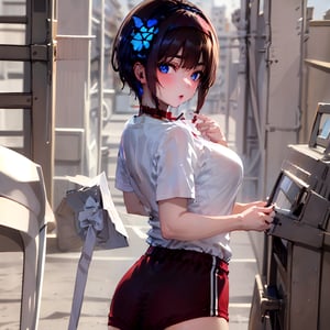 (Chbi character), 1 girl, solo, vibrant eyes, hair clip, (perfect body, mature face: 1.2), big breasts, gym clothes, (red neckline, white shirt: 1.3), blue bloomers, mouth closed, dressed up, looking back, looking at another person, outdoors, school playground, grass, track, cowboy shot, legs, ((lustrous black hair)), (red hairband, headband-style tied headband), (white gym shirt with red trim, red trim around neck, short sleeve t-shirt gym clothes), Blake, (long bangs, blue butterfly hair accessory very short hair: 1.2), , glittering cross earrings, blue hair inside, cross lace choker, ((buruma with 2 white lines)), buruma with white product tag, buruma from the front, gym clothes with logo,BRS0, KJP530R, burumaR,BRS2, KJP530SR, burumaR2,taisoufukuR, burumaR2,  gym uniform, burumaR2 