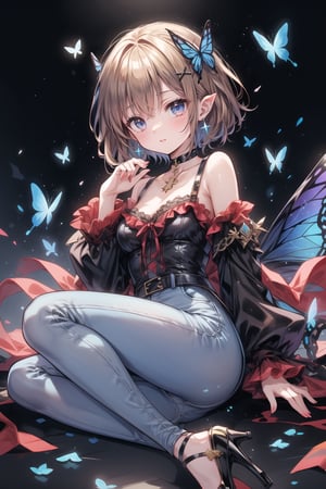 Masterpiece, Top Quality, Illustration, Succubus Princess, Cute, Cute, (Portrait: 0.7), (Close-up: 0.7),
A succubus disguised as a human with a liar and a bewitching smile, she appears innocent but cannot hide her devilish and bewitching true nature.
Destruction, (Succubus pointy ears: 0.8), 1 girl, solo, looking at camera, blushing, smiling,

(Ruffle sleeve top, high waist skinny jeans, slingback heels, silk scarf)

Her jewel-like blue eyes are so beautiful that you can almost be drawn into them.
Short hair, small braids (bangs are black and brown), hair between black and brown, holy cross hair ornament, shining blue cross hair ornament, blue cross clip, shiny inner hair (brown and blue) )'s two-tone hair)

Accessories include gold and silver jewelry, x hair ornaments, and cross hair clips.
Butterfly earrings, butterfly & jewel choker (earrings & choker), (silk jet black lace choker), feminine black lace choker

Butterfly earrings, butterfly and jewel choker,
(Earrings/Choker) A choker is a jet black lace choker accessory that is reminiscent of silk women's underwear or gold and silver jewelry.