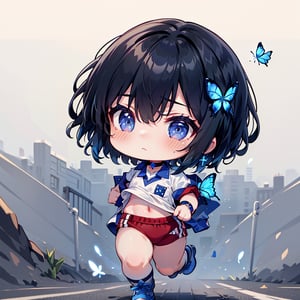 Cute 2D character, Chibi character, Moving Chibi character, Full body Chibi character), BREAK 1 girl,(Solo),(Glossy black hair),(Very short hair, Boyish beautiful girl: 1.2),(Short back hair, long front hair),(Blue butterfly hair accessory),BREAK,(Focus on girl, Female chest),(Blue eyes, Beautiful like jewels),BREAK,(Cute gestures: 1.2),(Blue cross earrings, Cross lace choker),Blue hair on the inside,(Blue butterfly hair accessory on head,BREAK,((Running up a slope)),(Girl running hard in gym clothes: 1.2),BREAK,White shirt with red collar,White shirt with red sleeves,Fitted tight buruma,((Dark blue buruma)), ((Adidas logo, Dark blue buruma)),BRS2, ​​KJP530SR, burumaR2,