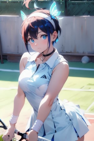 Paris Olympics, (((Tennis))), (white, red, blue), visor cap, white dress, short dress, sleeveless, wristband, tennis uniform, (tricolor lines), tennis racket and ball, beautiful anime woman, single girl, Blake ((short pointed ears, succubus demon ears: 0.7)), shiny black hair, ((very short hair)), boyish girl, cross lace choker, cross necklace, cross earrings, blue butterfly hair accessory, Blake, vibrant colors, sharp focus, best quality, depth of field, cinematic lighting, (illustration, 8k CG, very detailed), ultra detailed, high resolution, firefly, perfect light, stylish pose, 8k, very clear, best quality, high resolution. Top quality, illustration, saxe blue, 1 girl, cute, (dynamic lighting: 1.2), cinematic lighting, delicate features, detailed eyes, sharp pupils, realistic pupils, depth of field, bokeh, sharp focus, (ultra detail, bloom, glow: 1.4), lots of little gems