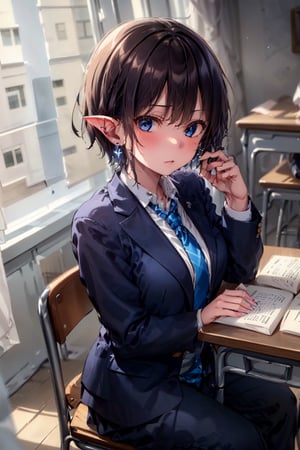 Very detailed, high quality, masterpiece, beautiful, BREAK 1 girl, (solo), (16 years old), (very short hair, boyish beautiful girl: 1.2), (short hair at the back, long hair at the front)
Blake,
(girl focus, female breasts), (blue eyes, beautiful like jewels), embarrassed expression, BREAK,
((sitting at a desk, sitting on a desk)), sitting in a school library or at a desk in a classroom, illustration of an open notebook, old illustration of a female demon in a book illustration, pencil drawing of a succubus in an ancient manuscript, old ancient manuscript,
BREAK, dark blue blazer uniform, white collar shirt, long sleeves, (blue tie), (gray and blue checkered blazer pants, blue checkered pants), dark jacket, peeking, BREAK viewer, concentrating, tilting head, (cute gestures: 1.2), ((blue cross) earrings, blue inside of hair), blue butterfly hair ornament on head