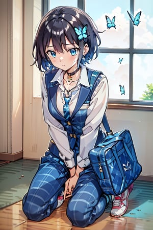 (masterpiece, best quality), high resolution, artistic composition, cute, pretty, ((solo, one girl)), (boyish girl), (very short hair, very short hair), boyish girl, crossdressing girl, lively girl, Blake, (full body), (wearing sneakers), socks, (beautiful blue eyes), jewel-like blue eyes, (shiny black hair), black hair, (hair with color inside), blue hair in the back, two-tone hair, Blake, (school bag), carrier bag, cross lace choker, cross necklace, cross earrings, (short pointed ears, succubus demon ears: 0.5 ) Blake, blue butterfly hair accessory, (cross hairpin), (small pink hair accessory above the ears: 0.4), Blake, dark blue blazer uniform, dark blue high school uniform, light plaid pants, (checked slacks), (checked uniform pants), (blue tie), white dress shirt, collarbone, chest, uniform, (Succubus, Voluptuous Feminine Beauty: 0.4) Blake, (training shoes), boyish sneakers, high school shoes, black no shoes, socks, Blake, checkered pants, stripes, check, blue slacks, navy blue pants, high school blazer, (hands between legs), blue tie, striped tie,, hair accessory, blue butterfly, pink ribbon hair accessory