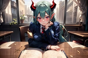 Very detailed, high quality, masterpiece, beautiful, BREAK 1 Girl, (beautiful red horns of a demon), (close-up: 0.9), (16 years old), (fluffy, fragrant, shiny green hair, yellow-green inside, hair starting to dye), Blake, (self-hugging, hugging own body, hiding breasts with both arms),
(noble's long hair: 1.2), ((red eyes, beautiful as a jewel)), (short pointed ears, succubus's short pointed ears: 1)
Blake, (girl focus, female breasts), (blue eyes, beautiful as a jewel), embarrassed expression, BREAK, studying in a school library or studying in a classroom, (illustration of an open notebook, old illustration of a female demon in a book illustration:), (pencil drawing of a succubus in an ancient manuscript, old ancient manuscript), BREAK, dark blue blazer uniform, white collar shirt, long sleeves, (blue tie), (checkered blazer pants, checkered pants), dark jacket, peeking, BREAK viewer, (focus on face), sitting on chair studying, concentrating, tilting head, (cute gestures: 1.2), ((blue cross earrings, blue inside of hair)), blue butterfly hair ornament on head