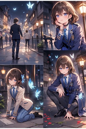 A man touches her from behind, tentacles attack her,

Highest quality (Beautiful Landing official game character reference sheet: 1.2), (Fantasy girl: 1.1) (3 views: 1.1), (description speech bubble: 0.9), (facial expression variations: 1.1), (special weapon, magic illustration: 1.0)

(cute succubus pointy ears hidden in hair: 0.6), tips of ears hidden in hair,

smiling, short hair, bangs, jewel-like blue eyes, hair accessory, long sleeves, hair between eyes, uniform, jacket, white shirt, (light brown black hair) cross earrings blue or shiny, open clothes, cross lace choker, striped, collared shirt, pants, (dark blue uniform with open jacket), dress shirt, checked pants, slightly shiny hair waves, uniform blazer, fluttering butterfly, blue tie, cross hairpin, butterfly hair accessory, hidden shirt, striped blue tie, blue butterfly, (checked uniform pants), (night),
break,
(cute sitting model pose), (hands between legs: 1.2), (Leaning forward: 1), (Front: 1), (Two-quarter view: 1), Staring at) Observer: 1), (Looking up: 1),
Blake,
(Sensual succubus standing: 1.3), Dynamic pose,
Blake,
(Blushing: 1.2), (Smiling: 1.3),

(Full body: 0.4), (Side: 1.2), (Profile: 0.6), (Front: 1.4),
Sensual angle,
Blake,
(Outdoors, soft and vibrant colors: 0.6), (Realistic: 0.6), (Ultra-wide shot in the city: 0.6), (City at night background: 0.6)
Blake,
Outdoors, under a moonlit sky, the veiled scene of a forest glade (brings to life the magic of the city at night) and fairy lights and laughter fill the air, creating an enchanting atmosphere