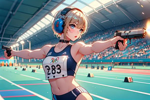 3/4 view from the front, one arm extended holding one pistol, other hand on hip), ((pistol)), ((shooting range)), (holding an air pistol), outstretched arms, ((aiming at the viewer and target)), Olympic shooting venue, shadow, standing, (wet), tight clothing, Olympic stadium, stage, boyish girl,
Blake,
Blake、 (lower abdomen mark, red glowing mark, belly tattoo, pubic hair tattoo:1.2), open mouth, anime beauty, (very short hair, very short hair), boyish looking girl, active girl,, cross lace choker, cross necklace, cross earrings, ((short pointed ears, succubus demon ears:1)), resting, blue butterfly hair accessory,
Blake,
vibrant colors, sharp focus, best quality, depth of field, cinematic lighting, (illustration, 8k CG,Very detailed),Ultra detailed,High resolution,Fireflies,Perfect light,8k,Very clear,Best quality,High resolution. Best quality,Illustration,Saxe blue,1 girl,Cute,(Dynamic lighting:1.2),Cinematic lighting,Delicate facial features,Detailed eyes,Sharp pupils,Realistic pupils,Depth of field,Bokeh,Sharp focus,(Ultra detailed,Bloom,Glow:1.4),Lots of little gems,Cheering,Official scorer,Crowd in distant stands,Stadium,Olympic venue,Sports shorts,Athlete's uniform