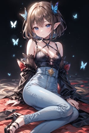 Masterpiece, Top Quality, Illustration, Succubus Princess, Cute, Cute, (Portrait: 0.7), (Close-up: 0.7),
A succubus disguised as a human with a liar and a bewitching smile, she appears innocent but cannot hide her devilish and bewitching true nature.
Destruction, (Succubus pointy ears: 0.8), 1 girl, solo, looking at camera, blushing, smiling,

(Ruffle sleeve top, high waist skinny jeans, slingback heels, silk scarf)

Her jewel-like blue eyes are so beautiful that you can almost be drawn into them.
Short hair, small braids (bangs are black and brown), hair between black and brown, holy cross hair ornament, shining blue cross hair ornament, blue cross clip, shiny inner hair (brown and blue) )'s two-tone hair)

Accessories include gold and silver jewelry, x hair ornaments, and cross hair clips.
Butterfly earrings, butterfly & jewel choker (earrings & choker), (silk jet black lace choker), feminine black lace choker

Butterfly earrings, butterfly and jewel choker,
(Earrings/Choker) A choker is a jet black lace choker accessory that is reminiscent of silk women's underwear or gold and silver jewelry.