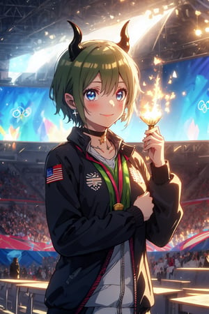 Paris Olympics, ((Olympic Ceremony))), Beautiful anime-style woman, One girl,
(Red eyes: 1.3), (Ruby eyes, Red gemstone eyes), (Shiny green hair, Shiny green hair, Long hair with green sparkles, Aristocratic wavy green hair), Cross lace choker, Cross necklace, Cross earrings, ((Short pointed ears, Succubus demon ears)),
Blake, (((Wearing a tricolor uniform))), (((Holding high a shiny gold Olympic medal))), (Paris Olympics, Gold medal award ceremony, Beautiful girl celebrating with medal in hand), The lighting is soft and warm, with a subtle glow surrounding her winning pose. Her eyes sparkle with joy and a smile spreads across her face as she holds the medal in her hands amid the admiration of the crowd, ((Olympic Stadium, Indoors, Crowd in Distance Stands, Stadium, Olympic Venue)), Olympic Stadium, Indoors, Vibrant Colors, Sharp Focus, Best Quality, Depth of Field, Cinematic Lighting, (Illustration, 8k CG, Extremely Detailed), Ultra Detailed, High Resolution, Fireflies, Perfect Light, 8k, Very Clear, Best Quality, High Resolution. Best Quality, Illustration, Saxe Blue, 1 Girl, Cute, (Dynamic Lighting:1.2), Cinematic Lighting, Delicate Features, Fine Eyes, Sharp Pupils, Realistic Pupils, Depth of Field, Bokeh, Sharp Focus, (Ultra Detailed, Bloom, Sparkle:1.4), Lots of Tiny Jewels, On the Journey