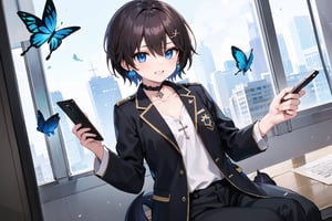 Masterpiece, top quality, adorable and cute illustration, succubus princess, beautiful, aesthetic and cute, only daughter, solo, looking at the camera, blushing, smiling half-beautiful woman,
Blake,
(Gakuran),school uniform, boyish beautiful girl,
Jet black school uniform jacket, white shirt, (school uniform Gakuran collar), men's clothing,((very short hair)),
Blake,
(The background is the school's broadcasting room. Behind the glass of the recording studio is the school cafeteria, where there are several students: 1), a large microphone for radio recording, a girl broadcasting on the school campus,
Jewel-like blue eyes are so beautiful that they seem to suck you in.
Short hair, (black and brown bangs), black and brown medium hair, holy cross hair ornament, shiny blue cross hair ornament, blue cross clip, two-tone hair with shiny inner hair (brown and blue),
Break,
Accessories include gold and silver jewelry, x hair ornament, and cross hair clip.
butterfly earrings, butterfly and jeweled choker, (silk jet black lace choker), feminine black lace choker
rest,
(beautiful girl in trousers, uniform slacks decorated with flowers: 1), sitting, taking notes, (checking on smartphone), (smartphone: 1), blue butterfly, black devil's tail