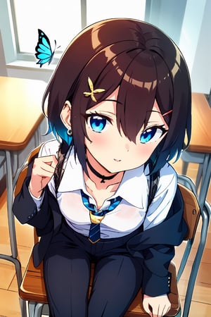 Masterpiece, highest quality, illustration, succubus princess, cute, cute, (portrait: 1), (close-up:1), 1 girl, solo, looking at viewer, blushing, smiling,


Her blue jewel-like eyes are so beautiful that you can almost be sucked into them.
Short hair, small braids (bangs are black and brown), hair between black and brown, holy cross hair ornament, shining blue cross hair ornament, blue cross clip, shiny inner hair (brown and blue) two-tone hair)

Accessories include gold and silver jewelry, x hair ornaments, and cross hair clips.
Butterfly earrings, butterfly & jewel choker (earrings & choker), (silk jet black lace choker), feminine black lace choker

Butterfly earrings, butterfly and jewel choker,
(Earrings and Chokers), A choker is a jet black lace choker accessory that resembles silk women's underwear or gold or silver jewelry.

short hair, bangs, blue eyes, brown hair, shirt, hair ornament, long sleeves, hair between the eyes, sitting, school uniform, jacket, white shirt, parted lips, tie, hair clip, collared shirt, pants, indoors, , medium hair, black jacket, plaid, window,
Plaid slacks, chair, black pants, blazer, hair ornament, blue tie, desk, school desk