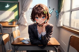 Masterpiece, highest quality, illustration, succubus princess, cute, cute, (portrait: 1), (close-up:1), (((1 girl, solo))), looking at viewer, blushing, smiling,


Her blue jewel-like eyes are so beautiful that you can almost be sucked into them.
Short hair, small braids (bangs are black and brown), hair between black and brown, holy cross hair ornament, shining blue cross hair ornament, blue cross clip, shiny inner hair (brown and blue) two-tone hair)

Accessories include gold and silver jewelry, x hair ornaments, and cross hair clips.
Butterfly earrings, butterfly & jewel choker (earrings & choker), (silk jet black lace choker), feminine black lace choker

Butterfly earrings, butterfly and jewel choker,
(Earrings and Chokers), A choker is a jet black lace choker accessory that resembles silk women's underwear or gold or silver jewelry.

short hair, bangs, blue eyes, brown hair, shirt, hair ornament, long sleeves, hair between the eyes, sitting, school uniform, jacket, white shirt, parted lips, tie, hair clip, collared shirt, pants, indoors, , medium hair, black jacket, plaid, window,
Plaid slacks, chair, black pants, blazer, hair ornament, blue tie, desk, school desk