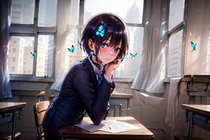 High quality, masterpiece, beautiful, BREAK 1 girl, (solo), (lustrous black hair), sitting on a desk, (standing posture: 1.3) (very short hair, boyish beautiful girl), (short back hair, long front hair) Blake, (sitting on a desk), (blue eyes, beautiful like jewels), embarrassed expression, BREAK, sitting on a desk, sitting on a desk, in a school library or classroom, (illustration of an open notebook, old illustration of a female demon in an illustration of a book, pencil drawing of a succubus in an old manuscript, old manuscript, BREAK, dark blue blazer uniform, white collar shirt, long sleeves, (blue tie), (gray and blue checkered blazer pants, blue checkered pants), dark jacket, peeking, BREAK viewer, concentrating, tilting head, (cute gestures: 1.2), ((Blue cross) earrings, blue inside of hair), blue butterfly hair ornament, blue butterfly hair accessory, shiny cross earrings, (cross lace choker), classroom,glowing cross earrings