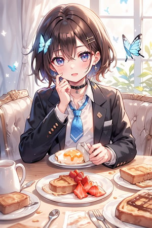 Masterpiece, highest quality, illustration, succubus princess, cute, cute, (portrait: 0.8), (close-up: 0.9), 1 girl, solo, looking at camera, blushing, smiling,
break,
(1 female, solo: 1.4),
break,
(Breakfast, a 17-year-old beautiful girl's dining table, a cute breakfast that looks good in her school uniform: 1.3), (surrounded by flowers), the background is breakfast in a person's living room,

,(closed shirt and thin chest),(boyish beauty is beautiful like a boy),
(Slightly pointed beautiful ears: 0.7),
(Short hair, beautiful shiny black hair, dark brown hair: 1.3), (Two-tone hair with light blue inside: 0.7)

Cross hairpin, (jewel-like blue eyes), blue butterfly hair ornament, beautiful eyes,
Lace choker, wide frills, cross (shiny blue), blue dyed hair, blue butterflies flying around.
,
cross hairpin,
blue eyes,
Magical eyes like blue jewels), blue butterfly hair ornaments, beautiful eyes,
lace choker, wide frill)
A cross (shiny blue) shines on the choker, the cross earrings glow blue and dye her hair, and blue butterflies fly around.
break,
, (blazer uniform, blue tie, beautiful legs in checkered pants), checkered blazer uniform and pure white shirt (closed shirt collar and boy's uniform tie), holy high school girl reminiscent of Sister Nun, beautiful legs, brown leather shoes,
(sensual pose),
break,
(Liar's blush:), (Devil's embarrassed face:), (evil smile), (opens mouth), (closes eyes),
break,

break,
(Vivid colors), (Realistic colors), (Transparent colors), (Shiny colors),