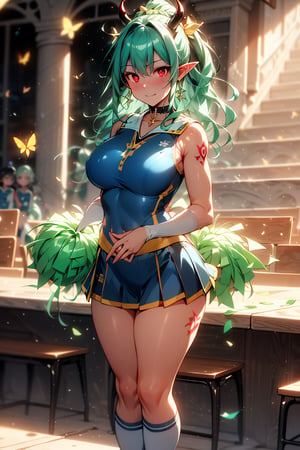 Full body, big beautiful breasts, very cute face, seductive succubus, super detailed face, (red eyes: 1.3), (ruby eyes, red gemstone eyes),, (shiny green hair, shiny green hair, long hair with green glitter, aristocratic wavy green hair), ((white sleeveless cheerleader uniform, holding pom-poms in both hands: 1.3)), stadium seats, ((tattoo on stomach, devil mark under skirt, tattoo on lower abdomen), (beautiful fingers, one of five fingers is a thumb, hands have beautiful and natural shapes) beautiful face, super detailed eyes, detailed hands, detailed fingers,
cross lace choker, cross necklace, cross earrings, ((short pointed ears, succubus devil ears)), breakout, blue butterfly hair accessory, breakout, bright colors, sharp focus, best quality, depth of field, cinematic lighting, (illustration, 8k CG,Very detailed),Ultra detailed,High resolution,Fireflies,Perfect light,8k,Very clear,Best quality,High resolution.Best quality,Illustration,Saxe blue,Single woman,Cute,(Dynamic lighting:1.2),Cinematic lighting,Delicate face,Squint eyes,Sharp eyes,Realistic eyes,Depth of field,Bokeh,Sharp focus,(Ultra detailed,Bloom,Brightness:1.4),Lots of little gems,Break,Cheering,Official scorer,Distant grandstand,Stadium,Olympic venue,