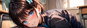 Masterpiece, highest quality, illustration, succubus princess, cute, cute, (portrait: 1), (close-up:1.3), (((1 girl, solo))), looking at viewer, blushing, smiling,


Her blue jewel-like eyes are so beautiful that you can almost be sucked into them.
Short hair, small braids (bangs are black and brown), hair between black and brown, holy cross hair ornament, shining blue cross hair ornament, blue cross clip, shiny inner hair (brown and blue) two-tone hair)

Accessories include gold and silver jewelry, x hair ornaments, and cross hair clips.
Butterfly earrings, butterfly & jewel choker (earrings & choker), (silk jet black lace choker), feminine black lace choker

Butterfly earrings, butterfly and jewel choker,
(Earrings and Chokers), A choker is a jet black lace choker accessory that resembles silk women's underwear or gold or silver jewelry.

short hair, bangs, blue eyes, brown hair, shirt, hair ornament, long sleeves, hair between the eyes, sitting, school uniform, jacket, white shirt, parted lips, tie, hair clip, collared shirt, pants, indoors, , medium hair, black jacket, plaid, window,
Plaid slacks, chair, black pants, blazer, hair ornament, blue tie, desk, school desk