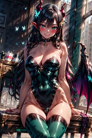 masterpiece, best quality, highest quality, beautiful and aesthetic, super detailed, exquisite details, great illustration, atmospheric, BREAK, (1 female, solo, adult female, 24 years old), female demon king, BREAK, (dark green long hair, light rolled hair in aristocratic style: 1.4), beautiful eyes, ((red ruby ​​eyes, beautiful horns of the same color red)), (red butterfly hair ornament), (large breasts: 0.8), BREAK,, (high-leg leotard with jet black body stocking decorated with gold and silver: 1.2), (thigh-high boots: 1), (sharp The red pattern on her horned high leg and her lower abdomen: 1.2), the gold and silver decorations on the edge of her high leg make her look like a lady of the demon world, BREAK,
(black devil's tail, devil's wings), beautiful succubus tail,
(seductive pose: 1.3), BREAK, (evil smile: 1.2), alluring expression, (narrowed eyes) tempting the viewer, BREAK, (sitting at a desk: 1.2), BREAK, (classroom: 1), high school classroom, (several students in the background during class, students do not see the succubus), beware of the succubus at school, complete transformation into a succubus & inter-species marriage is inevitable,