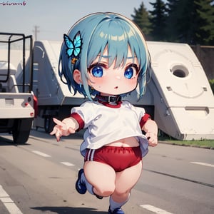 Cute 2D character, Chibi character, Moving Chibi character, Full body Chibi character),
BREAK 1 Girl,(Solo),(16 years old),(Very short hair, Boyish beautiful girl: 1.2),(Short hair at the back, long hair at the front) BREAK,((Running up a slope)), (Girl running at full speed: 1.2),,Cute expression,red mushroom in girl's gym clothes,Large Amanita mushroom in small mouth,BREAK,White shirt with red collar,White shirt with red sleeves,BREAK,(Cute gestures: 1.2),((Blue cross) earrings,Blue hair inside),Blue butterfly hair ornament on head,Buruma in gym clothes stained with milky milk,((Plump buruma, Tight red buruma)), BRS2, ​​KJP530SR, burumaR2,
Red bloomers/2 sidelines,
taisoufukuR, gym uniform,
gym uniform (with red trim on collar and sleeves)

Matsuura 601 type (red bloomers/2 side lines)
BRS2, ​​M601R, burumaR2,,