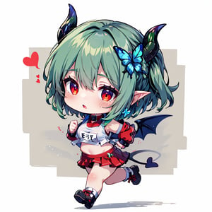 Cute 2D character, Chibi character, Moving Chibi character, Full body Chibi character), BREAK, One girl, (Solo), ((Heart-shaped tail)), Demon's wings, (16 years old), (Glossy green hair: 1.2), (Red eyes and red horns) BREAK, (Focus on girl, Female breasts), (Red succubus eyes, Beautiful like jewels), Cute expression, BREAK, ((Running uphill)), Marathon in girl's gym clothes, BREAK, White shirt with red collar, White shirt with red sleeves, BREAK, (Cute gestures: 1.2), ((Blue cross) earrings, Hair with blue inside), ((Blue butterfly hair ornament on head)), Buruma running uphill, Tight Buruma, BRS2, ​​​​KJP530SR, BurumaR2,