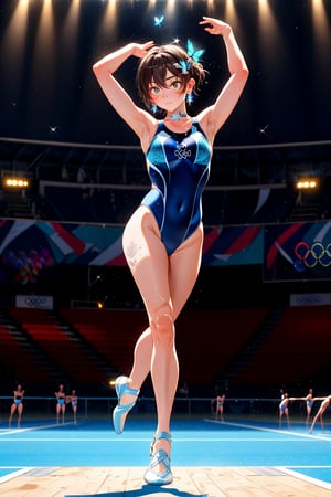 (((Engraving on the lower abdomen of the swimsuit, Pattern on the lower body of the swimsuit, Emblem on the high leg, Lewd mark))),
Title: "Graceful Elegance" At the center of the magnificent ((Olympic venue)), the stage is set for a captivating (rhythmic gymnast) to step into the spotlight and showcase her artistry and athleticism. Her lithe body is caught in the middle of her performance, arching into poses that exude grace and dignity. With incredible flexibility and control, her long, lean limbs extend with a fluidity that captivates all who see them. She is the epitome of beauty and strength in her ((form-fitting leotard)) adorned with sparkling crystals that catch and reflect the arena lights. The dazzling costume adds a touch of glamour to her performance, visually accentuating the precision and poise with which she moves. The gymnast's skills are on display as she performs her mesmerizing routine. Her hypnotic Perhaps colorful ribbons swirl behind her as she dances gracefully. Or perhaps she balances a hoop or ball with perfect grace, or manipulates a club with fluid movements that speak to her skill. Her face, framed by a perfect hairstyle that complements every movement, is a mixture of intense concentration and theatrical talent. Every muscle in her body is clearly in motion, from her pointed toes that barely touch the ground to her expressive fingertips that give the performance a sense of dynamism. The background, slightly blurred to emphasize the gymnast's presence, hints at the grandeur of the Olympic venue without obscuring the subject.
Blake, Boyish Girl, (Shiny Dark Hair, Very Short Hair), Boyish Girl, Lively Girl, , Cross lace choker, cross necklace, cross earrings, ((short pointy ears, succubus demon ears: 0.7), break, blue butterfly hair accessory, breakout, bright colors, sharp focus, best quality, depth of field, cinematic lighting, (illustrated, 8k CG, very detailed), ultra detailed, high resolution, firefly, perfect light, 8k, very clear, best quality, high resolution. best quality, illustrated, sax blue, single woman, cute, (dynamic lighting: 1.2), cinematic lighting, delicate face, narrow eyes, sharp pupils, realistic pupils, depth of field, bokeh, sharp focus, (ultra detailed, bloom, brightness: 1.4), lots of little gems, break, cheers, official scorer, spectators in far stands, stadium, Olympic venue,