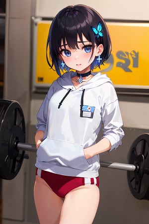 Masterpiece, top quality, (boyish beautiful girl:1.2), (burum:1.3) ((hoodie)), (Hoodie:1.3), Hoodie with Hood, Hoodie with Front Pocket,
((Glossy black hair)), ((gym uniform buruma))
Blue hair inside, blue butterfly hair accessory, shiny cross earrings, cross lace choker, very short hair, (Nakano Ichika), white line, 2 lines,jyojifuku,glowing cross earrings,blue inside of hair,((BRS0, KJP530R, burumaR,BRS2, KJP530SR, burumaR2,taisoufuku burumaR2))