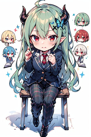 (Cute two-headed character, chibi character, moving chibi character, full body chibi character),BREAK 1 girl, (solo), (16 years old),
 (fluffy, fragrant, shiny green hair, yellow-green inside, hair starting to dye),
(noble's long hair: 1.2), ((red eyes, beautiful as a jewel)), (short, pointed ears, succubus's short, pointed ears: 1)
Blake, (girl focus, female breasts), (blue eyes, beautiful as a jewel), embarrassed expression, BREAK, studying in a school library or studying in a classroom, (open notebook illustration, old illustration of a female demon in a book illustration:), (pencil drawing of a succubus in an ancient manuscript, old ancient manuscript), BREAK, dark blue blazer uniform, white collar shirt, long sleeves, (blue tie), (checkered blazer pants, checkered pants), dark jacket, peeking, BREAK viewer, (focus on face), sitting in a chair studying, concentrating, tilting head, (cute gestures: 1.2), ((blue cross earrings, blue inside of hair), blue butterfly hair ornament on head