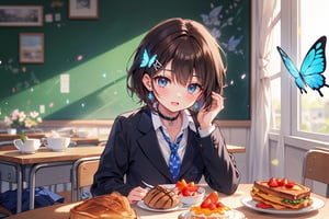 Masterpiece, highest quality, illustration, succubus princess, (cute), cute, (portrait: 0.9), (close-up: 0.9), 1 girl, solo, looking at camera, blushing, smiling,
break,
(1 female, solo: 1.4),
break,
(big Breakfast, a 17-year-old beautiful girl's dining table, a cute breakfast that looks good in her school uniform: 1.3), (surrounded by flowers), the background is breakfast in a person's living room,

,(closed shirt and thin chest),(boyish beauty is beautiful like a boy),
(Slightly pointed beautiful ears: 0.7),
(Short hair, beautiful shiny black hair, dark brown hair: 1.3), (Two-tone hair with light blue inside: 0.7)

Cross hairpin, (jewel-like blue eyes), blue butterfly hair ornament, beautiful eyes,
Lace choker, wide frills, cross (shiny blue), blue dyed hair, blue butterflies flying around.
,
cross hairpin,
blue eyes,
Magical eyes like blue jewels), blue butterfly hair ornaments, beautiful eyes,
lace choker, wide frill)
A cross (shiny blue) shines on the choker, the cross earrings glow blue and dye her hair, and blue butterflies fly around.
break,
, (blazer uniform, blue tie, beautiful legs in checkered pants), checkered blazer uniform and pure white shirt (closed shirt collar and boy's uniform tie), holy high school girl reminiscent of Sister Nun, beautiful legs, brown leather shoes,
(sensual pose),
break,
(Liar's blush:), (Devil's embarrassed face:), (evil smile), (opens mouth), (closes eyes),
break,

break,
(Vivid colors), (Realistic colors), (Transparent colors), (Shiny colors),