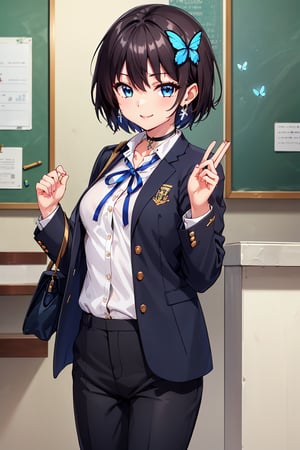 Masterpiece, best quality, super detailed, high resolution,
girl 1 person, (neck hook of school uniform), (school uniform), big breasts, school uniform, (school uniform, pants), school uniform student, white shirt, Taisho Roman:1.2), pants, slacks, (wearing school uniform, school uniform, gold buttons), open clothes, double jacket, succubus girl, beautiful and detailed, elegant, full body, female, young, beautiful, face, smile, big breasts, very small pink hair ribbon, ribbon under hair, ribbon next to ear, beautiful blue eyes that captivate the viewer, (((boyish beautiful girl))), (((very short hair))), very cute and beautiful like a boy, (((eye shadow))), (big breasts), beautiful breasts, (((beautiful black hair))), (shiny black hair:1.3), ((very short hair, boyish beautiful girl)), blue butterfly hair ornament, lace choker, cross accessory, earrings, blue hair ornament, (small pink ribbon hair ornament:0.6)