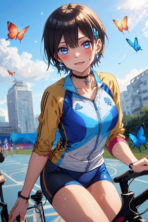 (masterpiece, best quality), high resolution, artistic composition,
cute, pretty, (cycling in a triathlon swimsuit), beautiful girl on a bike. (olympic track), pedaling (biking in a swimsuit) with determination. The soft sunlight shines on her face, casting a warm glow on her sweaty skin. In the background, an excited ((spectator)) and shiny track equipment blend together in a blur. Capture the joyous energy and focus on her face as she gives it her all. Blake, (((Bright and modern sportswear with the official Olympic colors and logo))), Innocent and determined Olympic,
((Very short hair)) Boyish, (Beautiful girl with short dark hair), Boyish beauty, (Very short hair, Very short hair), Boyish girl, Well-dressed woman, Active girl, (Blue butterflies and pink petals fluttering in the background), (Light blue inside of hair), Beautiful plump legs, Confident and sexy expression, (Wide frilly lace choker 1.3), Shiny cross on choker (Amazingly beautiful shiny pointed ears hidden in hair: 0.9), Demon ears slightly visible during transformation, Succubus ears slightly visible through hair, (Beautiful blue eyes), Jewelry like these blue eyes, (Shiny black hair), Black hair, (Hair with color on the inside), Blue hair in the back, Two-tone hair, Cross lace choker, Cross necklace, Cross earrings, Blue butterfly hair accessory, (Cross hairpin), (Small pink hair accessory on ear: 0.4), Attractive succubus,