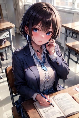 Very detailed, high quality, masterpiece, beautiful, BREAK 1 girl, (solo), (16 years old), (very short hair, boyish beautiful girl: 1.2), (short hair at the back, long hair at the front)
Blake,
(girl focus, female breasts), (blue eyes, beautiful like jewels), embarrassed expression, BREAK,
((sitting at a desk, sitting on a desk)), sitting in a school library or at a desk in a classroom, illustration of an open notebook, old illustration of a female demon in a book illustration, pencil drawing of a succubus in an ancient manuscript, old ancient manuscript,
BREAK, dark blue blazer uniform, white collar shirt, long sleeves, (blue tie), (gray and blue checkered blazer pants, blue checkered pants), dark jacket, peeking, BREAK viewer, concentrating, tilting head, (cute gestures: 1.2), ((blue cross) earrings, blue inside of hair), blue butterfly hair ornament on head