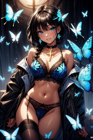 Masterpiece, highest quality, illustration, succubus princess, cute, cute, (portrait:0.3), (close-up:0.3), 1 girl, solo, looking at viewer, blushing, succubus smiling,


Her blue jewel-like eyes are so beautiful that you can almost be sucked into them.
Short hair, small braids (bangs are black and brown), hair between black and brown, holy cross hair ornament, shining blue cross hair ornament, blue cross clip, shiny inner hair (brown and blue) two-tone hair)

Accessories include gold and silver jewelry, x hair ornaments, and cross hair clips.
Butterfly earrings, butterfly & jewel choker (earrings & choker), (silk jet black lace choker), feminine black lace choker

Butterfly earrings, butterfly and jewel choker,
(Earrings and Chokers), A choker is a jet black lace choker accessory that resembles silk women's underwear or gold or silver jewelry.

