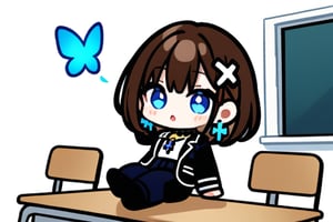 Top quality, (2 heads: 1.2), (White background: 1), (Full body standing: 1), (Animated chibi character: 1.1), (Full body from 2 heads feet: 1)

(1 female, Solo: 1.4),

braids (bangs are black and brown), hair between black and brown, holy cross hair ornament, shining blue cross hair ornament, blue cross clip, shiny inner hair (brown and blue) two-tone hair)

Accessories include gold and silver jewelry, x hair ornaments, and cross hair clips.
Butterfly earrings, butterfly & jewel choker (earrings & choker), (silk jet black lace choker), feminine black lace choker

Butterfly earrings, butterfly and jewel choker,
(Earrings and Chokers), A choker is a jet black lace choker accessory that resembles silk women's underwear or gold or silver jewelry.

short hair, bangs, blue eyes, brown hair, shirt, hair ornament, long sleeves, hair between the eyes, sitting, school uniform, jacket, white shirt, parted lips, tie, hair clip, collared shirt, pants, indoors, , medium hair, black jacket, plaid, window,
Plaid slacks, chair, black pants, blazer, hair ornament, blue tie, desk, school desk
