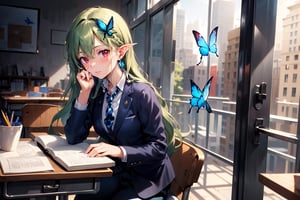 Very detailed, high quality, masterpiece, beautiful, BREAK 1 girl, (close-up), (16 years old), (fluffy, fragrant, shiny green hair, yellow-green inside, hair starting to dye),
(noble's long hair: 1.2), ((red eyes, beautiful as a jewel)), (short, pointed ears, succubus's short, pointed ears: 1)
Blake, (girl focus, female breasts), (blue eyes, beautiful as a jewel), embarrassed expression, BREAK, studying in a school library or studying in a classroom, (open notebook illustration, old illustration of a female demon in a book illustration:), (pencil drawing of a succubus in an ancient manuscript, old ancient manuscript), BREAK, dark blue blazer uniform, white collar shirt, long sleeves, (blue tie), (checkered blazer pants, checkered pants), dark jacket, peeking, BREAK viewer, (focus on face), sitting in a chair studying, concentrating, tilting head, (cute gestures: 1.2), ((blue cross earrings, blue inside of hair), blue butterfly hair ornament on head