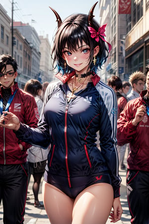 1 woman,solo,looking at viewer,smiling,long sleeves,holding,hair ribbon,smirking,blurry,cosplay,blurry background,realistic,olympic athlete,tracksuit,gold medal,athlete,olympic athlete,crowd in background,medal on band around neck,holding gold medal,mature woman,mature woman,mature woman,
Blake,
,boyish girl,(shiny black hair,very short hair),boyish girl,lively girl,cross lace choker,cross necklace,cross earrings,((short pointed ears,succubus demon ears: 0.7),Blake,blue butterfly hair accessory,blue hair lining,