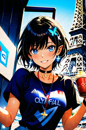 On a beautiful sunny day at the foot of the Eiffel Tower, a beautiful boyish girl is smiling happily as she cheers on her national team at the Olympics. (The girl in the beautiful blue jeans) is wearing a white T-shirt with the five Olympic rings and jeans, and is holding a French flag in one hand.

Blake, Boyish Girl, (Shiny Black Hair, Very Short Hair), Boyish Girl, Lively Girl, , Cross Lace Choker, Cross Necklace, Cross Earrings, ((Short Pointy Ears, Succubus Demon Ears: 0.7), Blake, Blue Butterfly Hair Accessory, Breakout, Bright Colors, Sharp Focus, Best Quality, Depth of Field, Cinematic Lighting, (Illustration, 8k CG, Very Detailed), Ultra Detailed, High Resolution, Firefly, Perfect Light, 8k, Very Clear, Best Quality, High Resolution. Best Quality, Illustration, Sax Blue, Single Woman, Cute, (Dynamic Lighting: 1.2), Cinematic Lighting, Delicate Face, Narrow Eyes, Sharp Pupils, Realistic Pupils, Depth of Field, Bokeh, Sharp Focus, (Ultra Detailed, Bloom, Brightness: 1.4), Lots of Small Gems, Blake, Cheers, Official Scorer, Faraway Spectator Stand, Stadium, Olympic Venue,