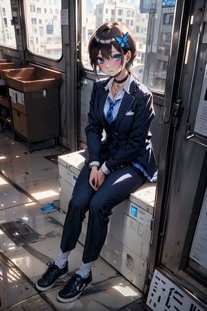 (masterpiece, best quality), high resolution, artistic composition, cute, pretty, ((solo, one girl), (boyish girl), (very short hair, very short hair), girl who looks like a boy, girl dressed like a boy, active girl,
Blake, (full body), (sitting),
((wearing sneakers)), socks, (beautiful blue eyes), jewel-like blue eyes, ((shiny black hair)), black hair, (inside colored hair), blue back hair, two-tone hair, Blake, (school bag), holding bag, cross lace choker, cross necklace, cross earrings, (short pointed ears, succubus demon ears :0.5), Blake, blue butterfly hair accessory, (cross hairpin), (small pink hair accessory near ear :0.4), Blake, (dark blue blazer uniform), navy blue high school uniform,
Blake, (checked slacks :1.3), (Checked uniform pants), (Thick blazer uniform), (Blue tie), White dress shirt, No military uniform, (No formal wear, No black uniform: 0.5), Collarbone, Chest, Uniform, (Succubus, Voluptuous feminine beauty: 0.4), Break, (Train shoes), Boyish sneakers, High school boy's shoes, No black shoes, White socks