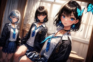 Masterpiece, highest quality, illustration, succubus princess, cute, cute, (portrait:0.7), (close-up:0.7), 1 girl, solo, looking at viewer, blushing, succubus smiling,


Her blue jewel-like eyes are so beautiful that you can almost be sucked into them.
Short hair, small braids (bangs are black and brown), hair between black and brown, holy cross hair ornament, shining blue cross hair ornament, blue cross clip, shiny inner hair (brown and blue) two-tone hair)

Accessories include gold and silver jewelry, x hair ornaments, and cross hair clips.
Butterfly earrings, butterfly & jewel choker (earrings & choker), (silk jet black lace choker), feminine black lace choker

Butterfly earrings, butterfly and jewel choker,
(Earrings and Chokers), A choker is a jet black lace choker accessory that resembles silk women's underwear or gold or silver jewelry.

short hair, bangs, blue eyes, brown hair, shirt, hair ornament, long sleeves, hair between the eyes, sitting, school uniform, jacket, white shirt, parted lips, tie, hair clip, collared shirt, pants, indoors, , medium hair, black jacket, plaid, Changing clothes, changing clothes, gym class, taking off, taking off clothes, (sensual pose)