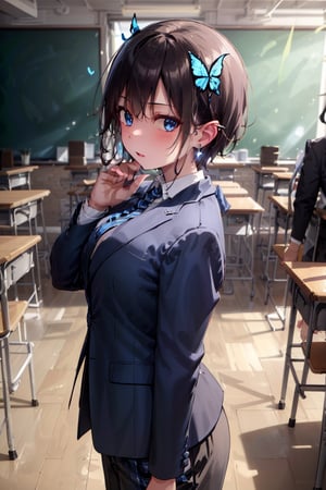 Very detailed, High quality, Masterpiece, Beautiful, BREAK 1 Girl, (Solo), (16 years old), (Very short hair, boyish beautiful girl: 1.2), (Short hair at the back, long hair at the front) Blake, (Focus on blackboard, large blackboard), (Blue eyes, beautiful like jewels), Embarrassed expression, BREAK, ((Standing, large blackboard in background)), Graffiti written on classroom blackboard, Illustration of succubus, Illustration of female demon drawn in illustration, Hand-drawn illustration of succubus, BREAK, Dark blue blazer uniform, White collar shirt, Long sleeves, (Blue tie), (Gray and blue checkered blazer pants, Blue checkered pants), Dark jacket, BREAK Viewer, Concentration, Tilting head, (Cute gesture: 1.2), ((Blue cross) earrings, Blue inside of hair), Blue butterfly hair ornament on head