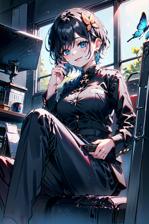 Masterpiece, top quality, adorable and cute illustration, succubus princess, beautiful, aesthetic and cute, only daughter, solo, looking at the camera, blushing, smiling half-beautiful woman,
Blake,
((Gakuran neck hook)),
(Gakuran),school uniform, boyish beautiful girl,
Jet black school uniform jacket, white shirt, (school uniform Gakuran collar), men's clothing,((very short hair)),
Blake,
(The background is the school's broadcasting room. Behind the glass of the recording studio is the school cafeteria, where there are several students: 1), a large microphone for radio recording, a girl broadcasting on the school campus,
Jewel-like blue eyes are so beautiful that they seem to suck you in.
Short hair, (black and brown bangs), black and brown medium hair, holy cross hair ornament, shiny blue cross hair ornament, blue cross clip, two-tone hair with shiny inner hair (brown and blue),
Break,
Accessories include gold and silver jewelry, x hair ornament, and cross hair clip.
butterfly earrings, butterfly and jeweled choker, (silk jet black lace choker), feminine black lace choker
rest,
(beautiful girl in trousers, uniform slacks decorated with flowers: 1), sitting, taking notes, (checking on smartphone), (smartphone: 1), blue butterfly, black devil's tail,Gakuran uniform