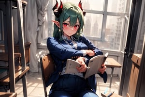 Very detailed, high quality, masterpiece, beautiful, BREAK 1 Girl, (beautiful red horns of a demon), (green hair), (close-up: 0.9), (16 years old), (fluffy, fragrant, shiny green hair, yellow-green inside, hair starting to dye), Blake, (self-hugging, hugging own body, hiding breasts with both arms),
(noble's long hair: 1.2), ((red eyes, beautiful as a jewel)), (short pointed ears, succubus's short pointed ears: 1)
Blake, (girl focus, female breasts), (blue eyes, beautiful as a jewel), embarrassed expression, BREAK, studying in a school library or studying in a classroom, (illustration of an open notebook, old illustration of a female demon in a book illustration:), (pencil drawing of a succubus in an ancient manuscript, old ancient manuscript), BREAK, dark blue blazer uniform, white collar shirt, long sleeves, (blue tie), (checkered blazer pants, checkered pants), dark jacket, peeking, BREAK viewer, (focus on face), sitting on chair studying, concentrating, tilting head, (cute gestures: 1.2), ((blue cross earrings, blue inside of hair)), blue butterfly hair ornament on head