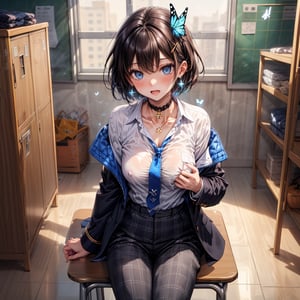 Masterpiece, highest quality, illustration, succubus princess, cute, cute, (portrait: 1), (close-up:1), (((1 girl, solo))), looking at viewer, blushing, 

(Very short hair:1.4), boyish beautiful girl, (((sensual gestures:1.3))), (((Shirt, slacks,undressing:1.4))),

Her blue jewel-like eyes are so beautiful that you can almost be sucked into them.
Short hair, small braids (bangs are black and brown), hair between black and brown, holy cross hair ornament, shining blue cross hair ornament, blue cross clip, shiny inner hair (brown and blue) two-tone hair)

Accessories include gold and silver jewelry, x hair ornaments, and cross hair clips.
Butterfly earrings, butterfly & jewel choker (earrings & choker), (silk jet black lace choker), feminine black lace choker

Butterfly earrings, butterfly and jewel choker,
(Earrings and Chokers), A choker is a jet black lace choker accessory that resembles silk women's underwear or gold or silver jewelry.

short hair, bangs, blue eyes, brown hair, shirt, hair ornament, long sleeves, hair between the eyes, sitting, school uniform, jacket, white shirt, parted lips, tie, hair clip, collared shirt, pants, indoors,, , black Blue jacket, plaid, window,
Plaid slacks, chair, check pants, blazer, hair ornament, blue necktie, (((school)))、Hallway, gym, during class, gym storeroom, girls' locker room, school hallway


blue eyes, big breasts, beautiful breasts, beautiful black hair, shiny black hair, ((very short, boyish)), lace choker, cross accessory, earrings, blue hair lining, collarbone,
dark blue blazer, checked uniform pants, long sleeves, wide sleeves, off shoulder, off shoulder blazer uniform, jewelry, earrings, necklace,
white background,
head out of frame, close up of chest, focus on chest,
nipples, seductive, breath, sweat, sweat drops, open mouth, drool, saliva, saliva stain, saliva all over chest, messy, grabbing own breasts,, (white shirt with blue tie collar), ((succubus black pointed tail)), blue fluttering butterfly and pink petals,