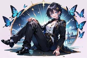 Masterpiece, best quality, super detailed, high resolution,
1 girl, (((gakuran))、medium breasts, (school uniform, (((gakuran, pants))), gakuran student, black clothes, Taisho Roman:1.2), 
Pants, slacks, (wearing school uniform, school uniform, gold buttons),
open clothes, double jacket,

Succubus girl, beautifully detailed, elegant, full body, female, young, beautiful, face, smile, large breasts,

Very small pink hair ribbon, ribbon under hair, ribbon next to ear

Beautiful blue eyes that captivate the viewer,
(((boyish beautiful girl))), (((very short hair))), very cute and beautiful like a boy,
(((eyeshadow))), (large breasts), beautiful breasts,

(((beautiful black hair))),(shiny black hair:1.3),((very short hair, boyish beautiful girl)), blue butterfly hair ornament, lace choker, cross accessory, earrings, blue hair lining, (small pink ribbon hair ornament:0.6)