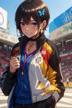 Paris Olympics、sports jersey, long sleeves, holding, hair ribbon, smiling, blurry, cosplay, blurry background, realistic, olympic athlete, tracksuit, gold medal, athlete, olympic athlete, crowd in background, medal on band around neck, holding gold medal, mature woman, mature woman, mature woman,
Blake,
, boyish girl, (shiny black hair, very short hair), boyish girl, lively girl, cross lace choker, cross necklace, cross earrings, ((short pointed ears, succubus demon ears: 0.7), Blake, blue butterfly hair accessory, blue hair lining,