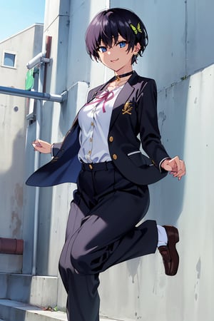 Masterpiece, best quality, super detailed, high resolution,((one girl solo)),
girl 1 person, 
school gakuran uniform
gakuran neck hook

school uniform

gakuran pants
uniform white shirt

uniform black slacks

gakuran gold buttons

open clothes,
double jacket,

big breasts
very short hair,
boyish beautiful girl


(neck hook of school uniform), (school uniform), big breasts, school uniform, (school uniform, pants), school uniform student, white shirt, Taisho Roman:1.2), pants, slacks, (wearing school uniform, school uniform, gold buttons), open clothes, double jacket, succubus girl, beautiful and detailed, elegant, full body, female, young, beautiful, face, smile, big breasts, very small pink hair ribbon, ribbon under hair, ribbon next to ear, beautiful blue eyes that captivate the viewer, (((boyish beautiful girl))), (((very short hair))), very cute and beautiful like a boy, (((eye shadow))), (big breasts), beautiful breasts, (((beautiful black hair))), (shiny black hair:1.3), ((very short hair, boyish beautiful girl)), blue butterfly hair ornament, lace choker, cross accessory, earrings, blue hair ornament, (small pink ribbon hair ornament:0.6)