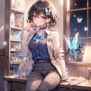 Masterpiece, Best Quality, 2020 Anime, Succubus Queen, 
(1 female, solo), smile, short hair, bangs, jewel blue eyes, hair ornament, long sleeves, hair between the eyes, school uniform, jacket, white shirt, (light brown black hair) cross earrings blue or shiny , open clothes, lace choker with cross, stripes, collared shirt, pants, (dark blue uniform with open jacket), dress shirt, checked pants, slightly shiny hair waves, uniform blazer, fluttering butterfly, blue tie, cross Hairpin, butterfly hair ornament, hidden shirt, striped blue tie, blue butterfly, (plaid uniform pants), (night), background Dining room at night,
break,
(Cute sitting model pose), (hand between legs: 1.2), (leaning forward: 1), (cowboy shot: 1.4), (from the front), (from diagonally in front: 1.3), staring) Observer: 1.4), (upward gaze: 1.2),
break,
(Underwear: 1.3), (Black stockings: 1.2), High heels,
break,
(Standing: 1.3), dynamic pose,
break,
(blush: 1.2), (smile: 1.3),
break,
(Whole body: 0.4), (From the side: 1.2), (Profile: 0.6), (From the front: 1.4),
break,
(Closet room with lots of clothes: 1.4),
break,
dynamic angle,
break,
(Pale and vivid colors: 0.6), (Real: 0.6), (Ultra wide-angle shooting: 0.6), (White background: 0.6),virgin destroyer sweater