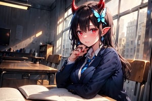 Very detailed, high quality, masterpiece, beautiful, BREAK 1 Girl, (beautiful red horns of a demon), (close-up: 0.9), (16 years old), (fluffy, fragrant, shiny green hair, yellow-green inside, hair starting to dye), Blake, (self-hugging, hugging own body, hiding breasts with both arms),
(noble's long hair: 1.2), ((red eyes, beautiful as a jewel)), (short pointed ears, succubus's short pointed ears: 1)
Blake, (girl focus, female breasts), (blue eyes, beautiful as a jewel), embarrassed expression, BREAK, studying in a school library or studying in a classroom, (illustration of an open notebook, old illustration of a female demon in a book illustration:), (pencil drawing of a succubus in an ancient manuscript, old ancient manuscript), BREAK, dark blue blazer uniform, white collar shirt, long sleeves, (blue tie), (checkered blazer pants, checkered pants), dark jacket, peeking, BREAK viewer, (focus on face), sitting on chair studying, concentrating, tilting head, (cute gestures: 1.2), ((blue cross earrings, blue inside of hair)), blue butterfly hair ornament on head