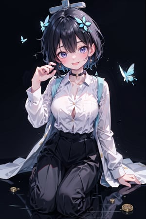 Masterpiece, best quality, super detailed, high resolution,
1 girl, (gakuran), (student uniform, ((gakuran, pants)), gakuran student, black clothes, Taisho Romance: 0.5),
pants, slacks, (wearing school uniform, school uniform, gold buttons),
open clothes, white shirt visible through open clothes, gakuran uniform shirt,, double jacket,

Succubus girl, beautiful and detailed, elegant, full body, female, young, beautiful, face, smiling, large breasts,

Very small pink hair ribbon, ribbon under hair, next to ear ribbon

Beautiful blue eyes that captivate the viewer,
(((beautiful boyish girl))), (((very short hair))), very cute and beautiful like a boy,
(((eyeshadow))), (big breasts), beautiful breasts,

(((beautiful black hair))), (shiny black hair: 1.3), ((very short hair, beautiful boyish girl)), blue butterfly hair accessory, lace choker, cross accessory, earrings, blue hair accessory, (small pink ribbon hair accessory: 0.6)