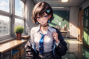 Masterpiece, highest quality, illustration, succubus princess, cute, cute, (portrait: 1), (close-up:1), (((1 girl, solo))), looking at viewer, blushing, 

(Very short hair:1.4), boyish beautiful girl, (((sensual gestures:1.3))), (((Shirt, slacks,undressing:1.4))),

Her blue jewel-like eyes are so beautiful that you can almost be sucked into them.
Short hair, small braids (bangs are black and brown), hair between black and brown, holy cross hair ornament, shining blue cross hair ornament, blue cross clip, shiny inner hair (brown and blue) two-tone hair)

Accessories include gold and silver jewelry, x hair ornaments, and cross hair clips.
Butterfly earrings, butterfly & jewel choker (earrings & choker), (silk jet black lace choker), feminine black lace choker

Butterfly earrings, butterfly and jewel choker,
(Earrings and Chokers), A choker is a jet black lace choker accessory that resembles silk women's underwear or gold or silver jewelry.

short hair, bangs, blue eyes, brown hair, shirt, hair ornament, long sleeves, hair between the eyes, sitting, school uniform, jacket, white shirt, parted lips, tie, hair clip, collared shirt, pants, indoors,, , black Blue jacket, plaid, window,
Plaid slacks, chair, check pants, blazer, hair ornament, blue necktie, (((school)))、Hallway, gym, during class, gym storeroom, girls' locker room, school hallway