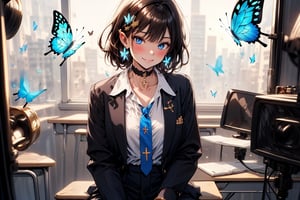 Masterpiece, highest quality, wonderful cute illustration, succubus princess, beautiful, aesthetic and cute, one girl, solo, looking at camera, blushing, half-beautiful girl's smile,
break,
(The background is the school's broadcasting room). Across the glass from the recording studio is the school's cafeteria, where there are several students.

Her jewel-like blue eyes are so beautiful that you can almost be drawn into them.
Short hair, small braids (bangs are black and brown), hair between black and brown, holy cross hair ornament, shining blue cross hair ornament, blue cross clip, shiny inner hair (brown and blue) )'s two-tone hair)
break,
Accessories include gold and silver jewelry, x hair ornaments, and cross hair clips.
Butterfly earrings, butterfly & jewel choker (earrings & choker), (silk jet black lace choker), feminine black lace choker
break,
Butterfly earrings, butterfly and jewel choker,
(Earrings/Choker) A choker is a jet black lace choker accessory that is reminiscent of silk women's underwear or gold and silver jewelry.
break,
(Decorating a beautiful girl in pants with flowers:1), sitting, taking notes, (researching on a smartphone),(smartphone:1)
Dark blue blazer school uniform, jacket, white shirt, upper body, tie, choker, sun, hair clip, collared shirt, indoors, bracelet, two-tone hair, open jacket, black jacket, book, window, black choker, chair, ring , blazer, butterfly, desk, blue tie, colored inner fur, pen, classroom, blue butterfly