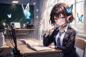 Masterpiece, highest quality, wonderful cute illustration, succubus princess, beautiful, aesthetic and cute, one girl, solo, looking at camera, blushing, half-beautiful girl's smile,
break,
(The background is the school's broadcasting room). Across the glass from the recording studio is the school's cafeteria, where there are several students.

Her jewel-like blue eyes are so beautiful that you can almost be drawn into them.
Short hair, small braids (bangs are black and brown), hair between black and brown, holy cross hair ornament, shining blue cross hair ornament, blue cross clip, shiny inner hair (brown and blue) )'s two-tone hair)
break,
Accessories include gold and silver jewelry, x hair ornaments, and cross hair clips.
Butterfly earrings, butterfly & jewel choker (earrings & choker), (silk jet black lace choker), feminine black lace choker
break,
Butterfly earrings, butterfly and jewel choker,
(Earrings/Choker) A choker is a jet black lace choker accessory that is reminiscent of silk women's underwear or gold and silver jewelry.
break,
(Decorating a beautiful girl in pants with flowers:1), sitting, taking notes, (researching on a smartphone),(smartphone:1)
Dark blue blazer school uniform, jacket, white shirt, upper body, tie, choker, sun, hair clip, collared shirt, indoors, bracelet, two-tone hair, open jacket, black jacket, book, window, black choker, chair, ring , blazer, butterfly, desk, blue tie, colored inner fur, pen, classroom, blue butterfly