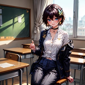 Masterpiece, highest quality, illustration, succubus princess, cute, cute, (portrait: 1), (close-up:1), 1 girl, solo, looking at viewer, blushing, smiling,

Off-shoulder, (off-shoulder gakuran), (taking off school uniform), (((pants are taken off and shorts are visible)))

school gakuran uniform
,((gakuran neck hook)),
school uniform,
gakuran pants,uniform white shirt,
uniform black slacks,gakuran gold buttons
open clothes,
double jacket,
big breasts
((very short hair:1.2)),
((boyish beautiful girl:1.4)),

Beautiful black lingerie, succubus pointed ears, succubus tail, succubus markings, tattoo on lower abdomen

Her blue jewel-like eyes are so beautiful that you can almost be sucked into them.
Short hair, small braids (bangs are black and brown), hair between black and brown, holy cross hair ornament, shining blue cross hair ornament, blue cross clip, shiny inner hair (brown and blue) two-tone hair)

Accessories include gold and silver jewelry, x hair ornaments, and cross hair clips.
Butterfly earrings, butterfly & jewel choker (earrings & choker), (silk jet black lace choker), feminine black lace choker

Butterfly earrings, butterfly and jewel choker,
(Earrings and Chokers), A choker is a jet black lace choker accessory that resembles silk women's underwear or gold or silver jewelry.

short hair, bangs, blue eyes, brown hair, shirt, hair ornament, long sleeves, hair between the eyes, sitting, school uniform, jacket, white shirt, parted lips, tie, hair clip, collared shirt, pants, indoors, , medium hair, black jacket, plaid, window,
Plaid slacks, chair, black pants, blazer, hair ornament, school