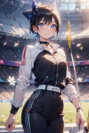 Paris Olympics, (((Archery))), Olympic archery competition, anime-style beauty, 1 person, ((Short pointy ears, succubus demon ears: 0.7)), boyish girl,
(shiny black hair, very short hair), boyish girl, lively girl, , cross lace choker, cross necklace, cross earrings, Blake,
Archery, arrow (projectile), blue pants, bow, (weapon), chest guard, long sleeves, playing sports, single glove, solo, stadium, visor cap, ((bowstring)), holding a bow, (weapon), holding an arrow, taking aim, fingerless gloves, athlete's uniform, target within range, Olympic venue, ((Olympic stadium, crowd in distant stands, stadium, Olympic venue)),
Blake, , vibrant colors, sharp focus, best quality, depth of field, cinematic perfect lighting, (illustration, 8k CG,Very detailed),Ultra detailed,High resolution,Fireflies,Perfect light,8k,Very clear,Best quality,High resolution.Best quality,Illustration,Saxe blue,Single woman,Cute,(Dynamic lighting: 1.2),Cinematic lighting,Delicate facial features,Detailed eyes,Sharp pupils,Realistic pupils,Depth of field,Bokeh,Sharp focus,(Ultra detailed,Bloom,Sparkle: 1.4),Lots of little gems,Intermission,Cheering,Official scorer,Spectators in distant stands,Stadium,Olympic venue,